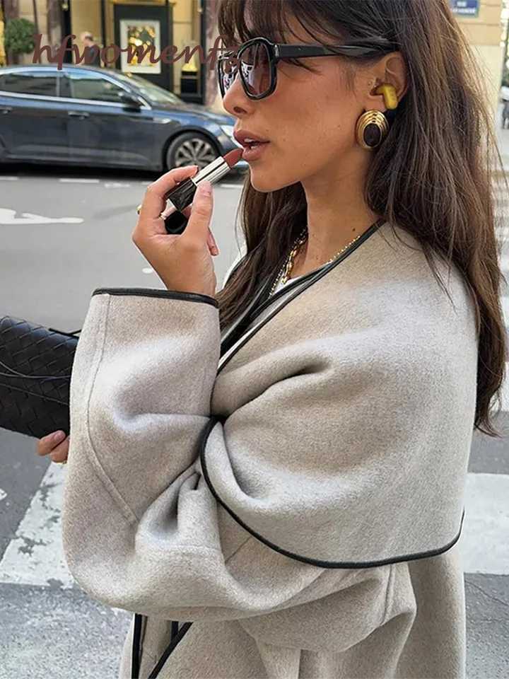 Elegant Woolen Patchwork Long Coat Women With Scarf Loose V-neck Full Sleeve One Button Overcoat Autumn Lady High Street OutwearX241009