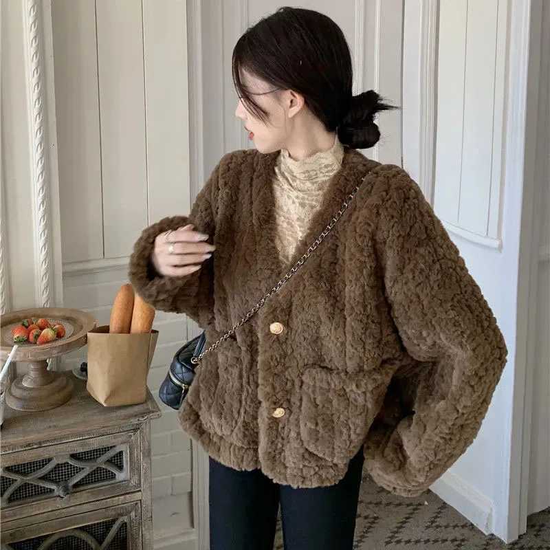 Zoki Women Lamb Wool Jackets Autumn Winter Thick Warm Faux Fur Button Outerwear Korean Loose Elegant V Neck Furry Short CoatX241018