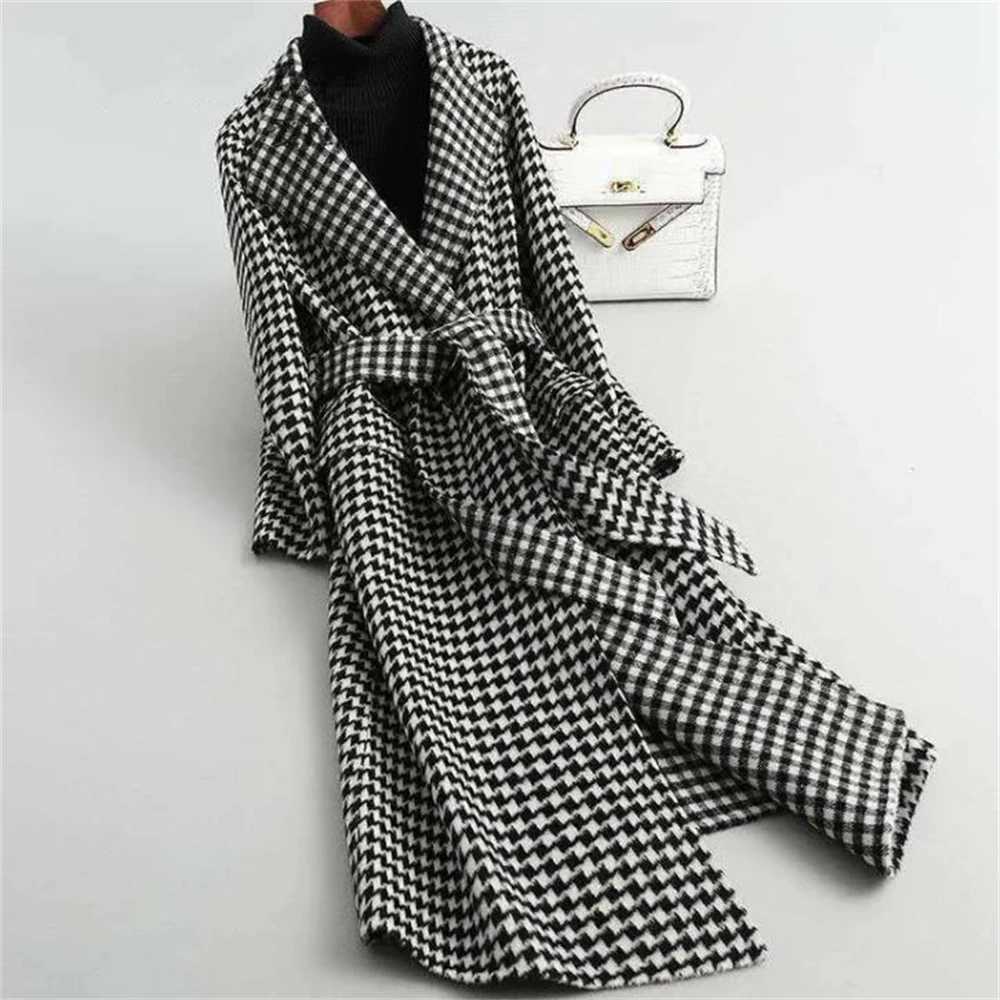 Women Long Plaid Woolen Jackets Houndstooth Waistband Coats Spring Blends Long Outerwear Autumn Belt Overcoat Wool S-2xlX241009
