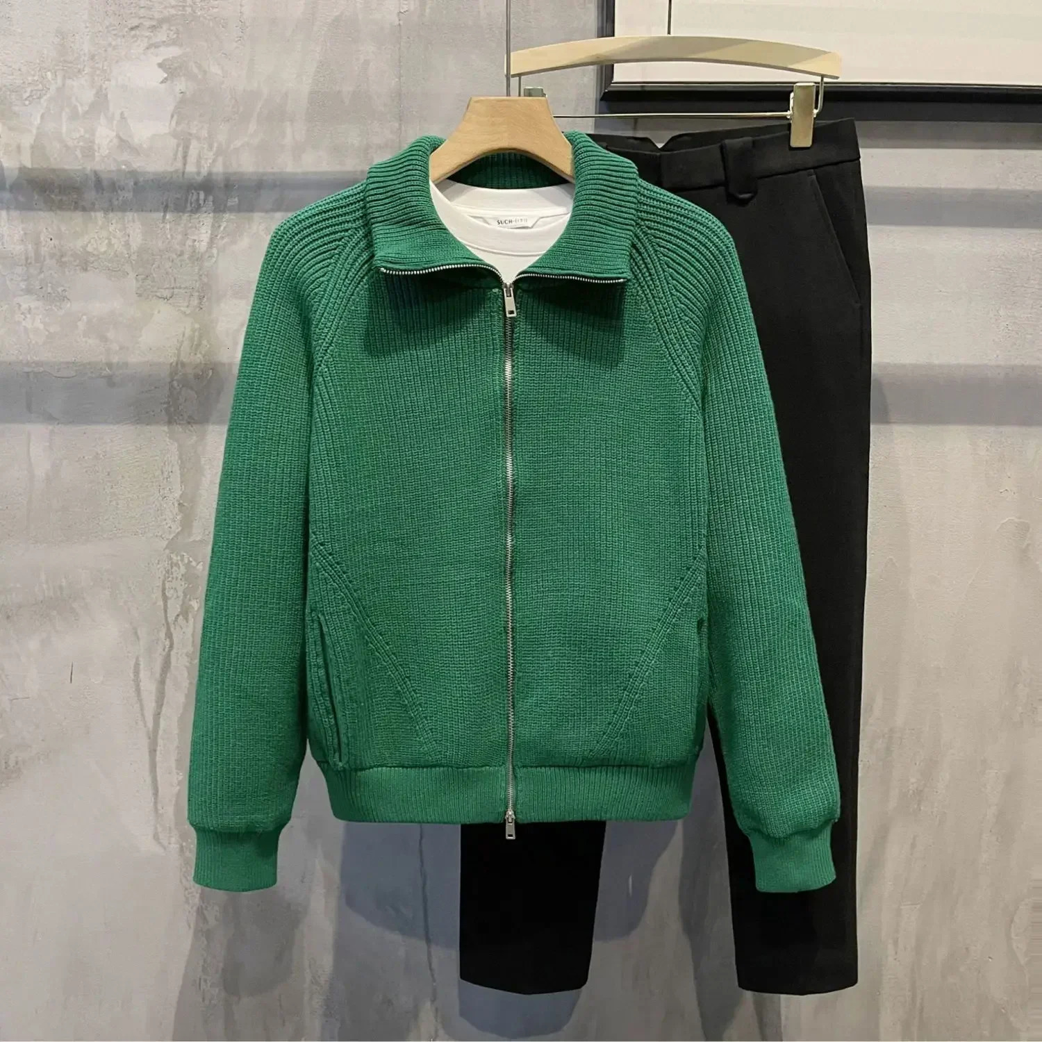 Mens Clothing Cardigan Collared Zipper Knit Sweater Male Solid Color Plain Green Zipup Korean Autumn Stylish Old X 241018