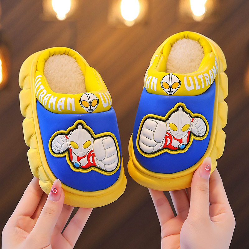 Ultraman children's cotton slippers for boys, waterproof for autumn and winter, anti slip and warm for children indoors, cotton slippers for babi