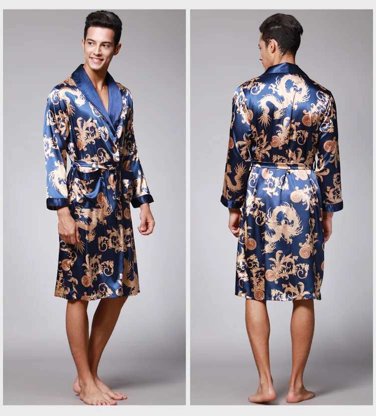 Luxury Chinese King Dragon Men Robe Print Satin Silk Pajamas Kimono Long Bathrobe For Men Home Wear ClothingXJ241018