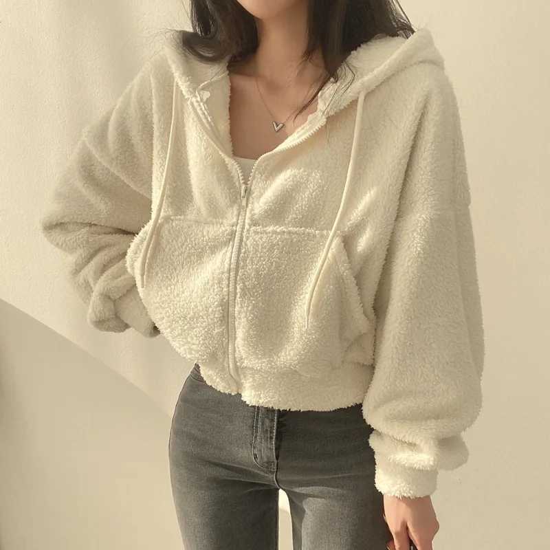 Solid Lamb Wool Thick Sweatshirts Outerwear Y2k Short Zip-Up Hooded Sweatshirt Women Fleece Sudaderas Casual High Waist HoodiesX241018