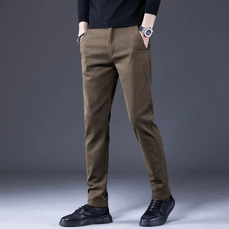Autumn Classic Mens Clothes Business Casual Pants Fashion Elastic Straight Slim Trousers Male Coffee Gray 241018