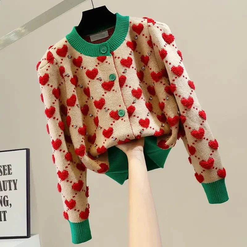 Heart Plaid ONeck Vintage High Street Knitted Womens Cardigans Sweater Korean Fashion Single Breasted Short Cardigan For Women 241010