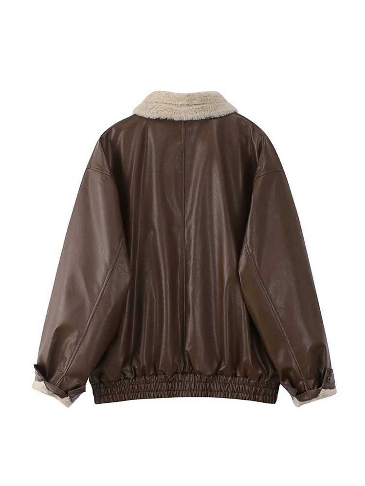Winter Womens Faux Fur Leather Jacket Long Sleeve Oversize Warm Lambwool Thickened Coat Coffee Motorcycle Lapel PU Coat 2023X241018