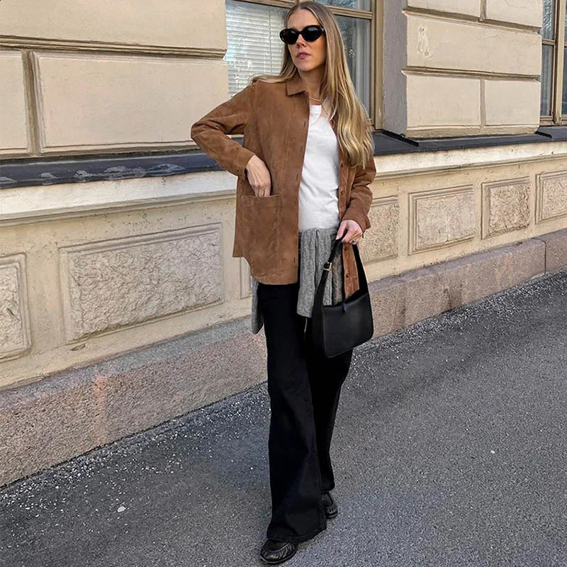 MSCSZ Brown Suede Jacket Women Long Sleeve Button Up Shirt Jacket Vintage Windbreaker Jacket Autumn Winter Coat Woman 2024 241017