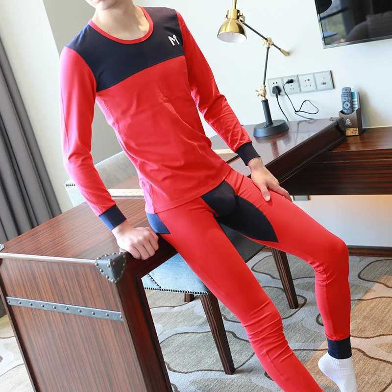 Mens Thermal Underwear Mens thermal underwear suitable for young people round neck basic thin fitting autumn clothing and pants set Tnnager bottom und