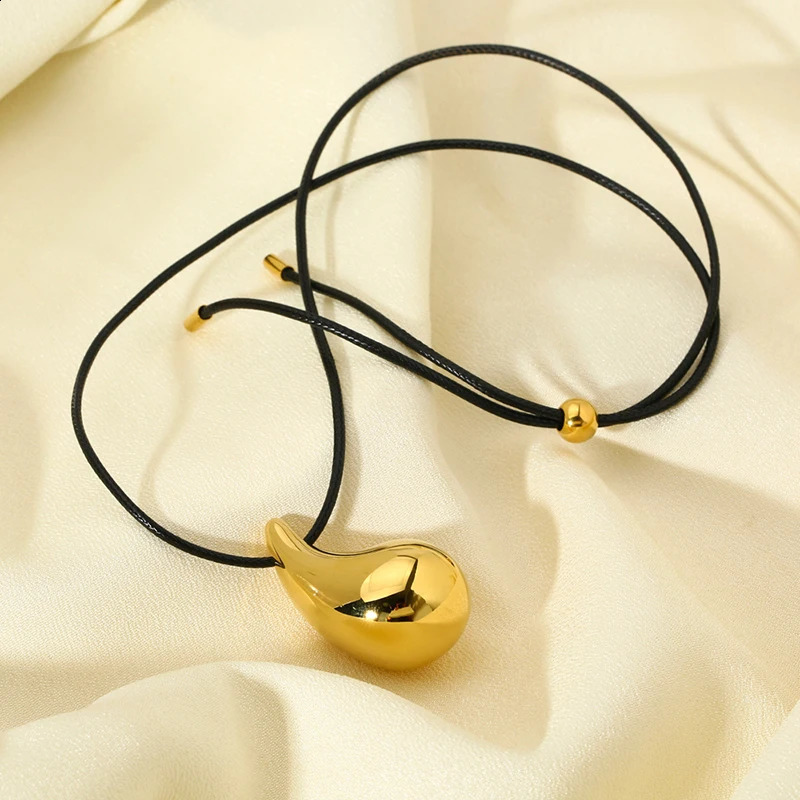 Fashionable gold-plated stainless steel thick water droplet pendant necklace suitable for women black rope geotextile necklace gift 241018