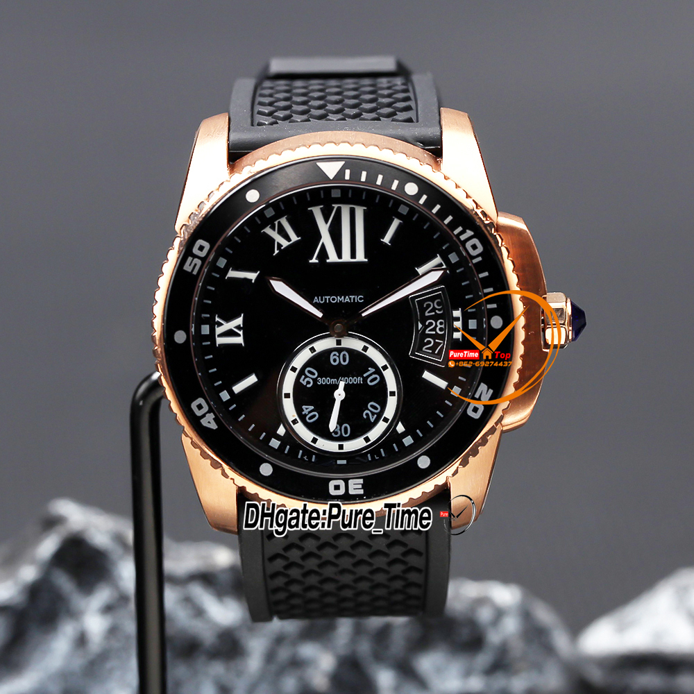 New 42mm Calibre De Diver W7100052 Automatic Mens Watch Black Dial Roman Markers Rose Gold Case Rubber Strap Big Date Gents Watches Pure_Time Z10B