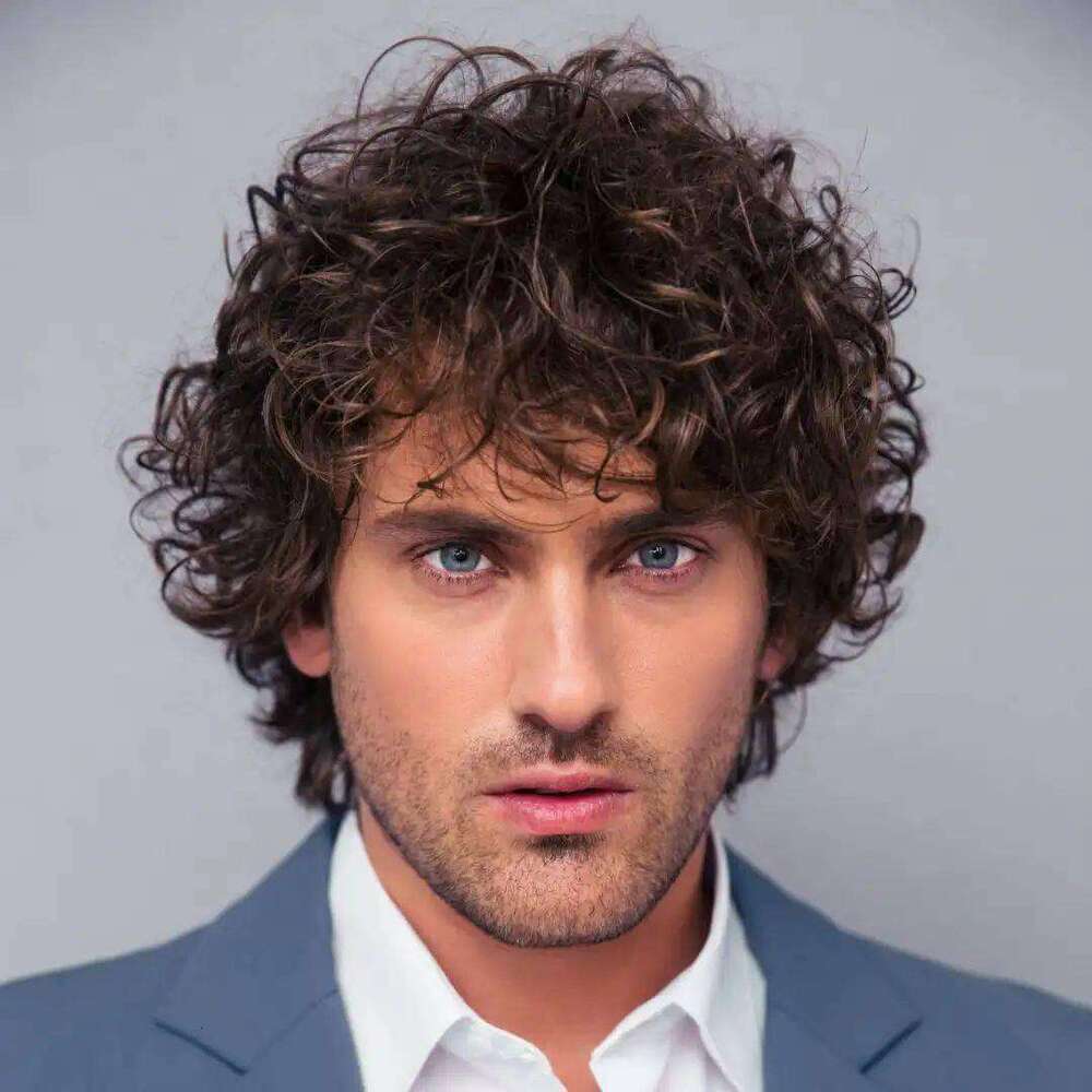TEMU Men's Fluffy Dark Brown Wig Bangs Upturned Short Curly Hair