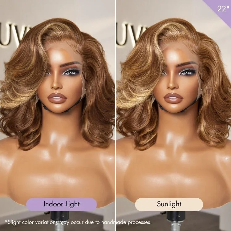 Tewjig 12 14 Inch Honey Blonde Highlight Bouncy Loose Body Wave Glueless 13X4 Frontal Lace Wig 100% Human Remy Hair