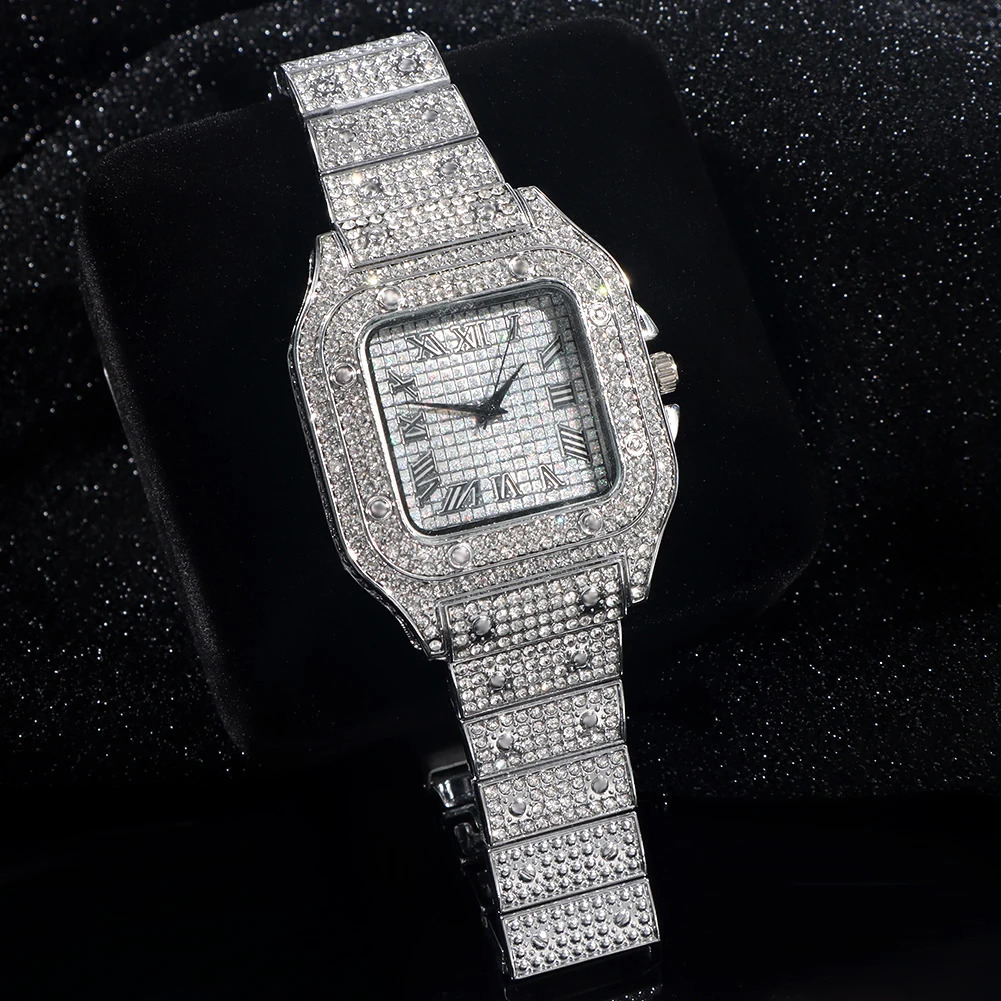 Fashion Full Iced Out Watches for Men Women Square Stainless Steel y Rhinestones Quartz Watch Hip Hop Party Gift 241017