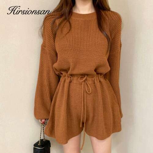 Hirsionsan O Neck Women Jumpsuit Long Sleeve High Knitted Playsuit 2023 Autumn New Tied Waist Hollow Out Female Sweater