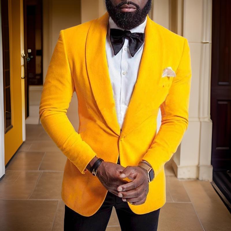Yellow Velvet Suits for Mens Prom Slim Fit Terno Wedding Groom Tuxedo 2 Piece Blazer with Black Pants Male Fashion Costume