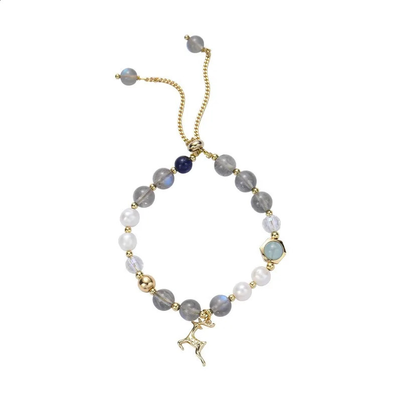 Minar Fashion Gold Copper Chain Transparent Moonstone Natural Stone Freshwater Pearl Bead Deer Charm Bracelet 241018