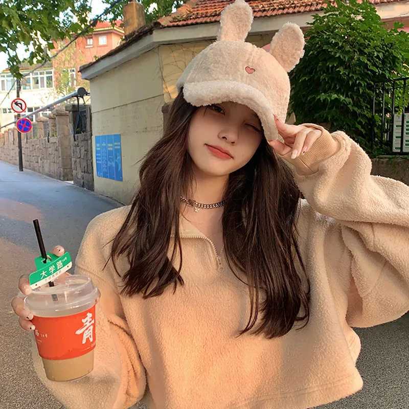 Cute Rabbit Ears Baseball Cap for Women Autumn Winter Warm Hat Girls Lambs Wool Duck Tongue Hat Warm Baseball Hat GiftX241018