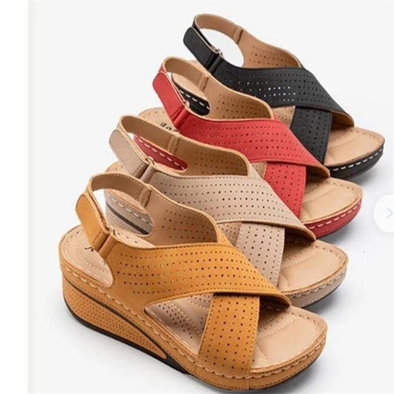 Summer Hollow Wedges Sandals Female Casual Plus Size Shoes Of Women Socofy Retro Sandalis Woman Ddmythur