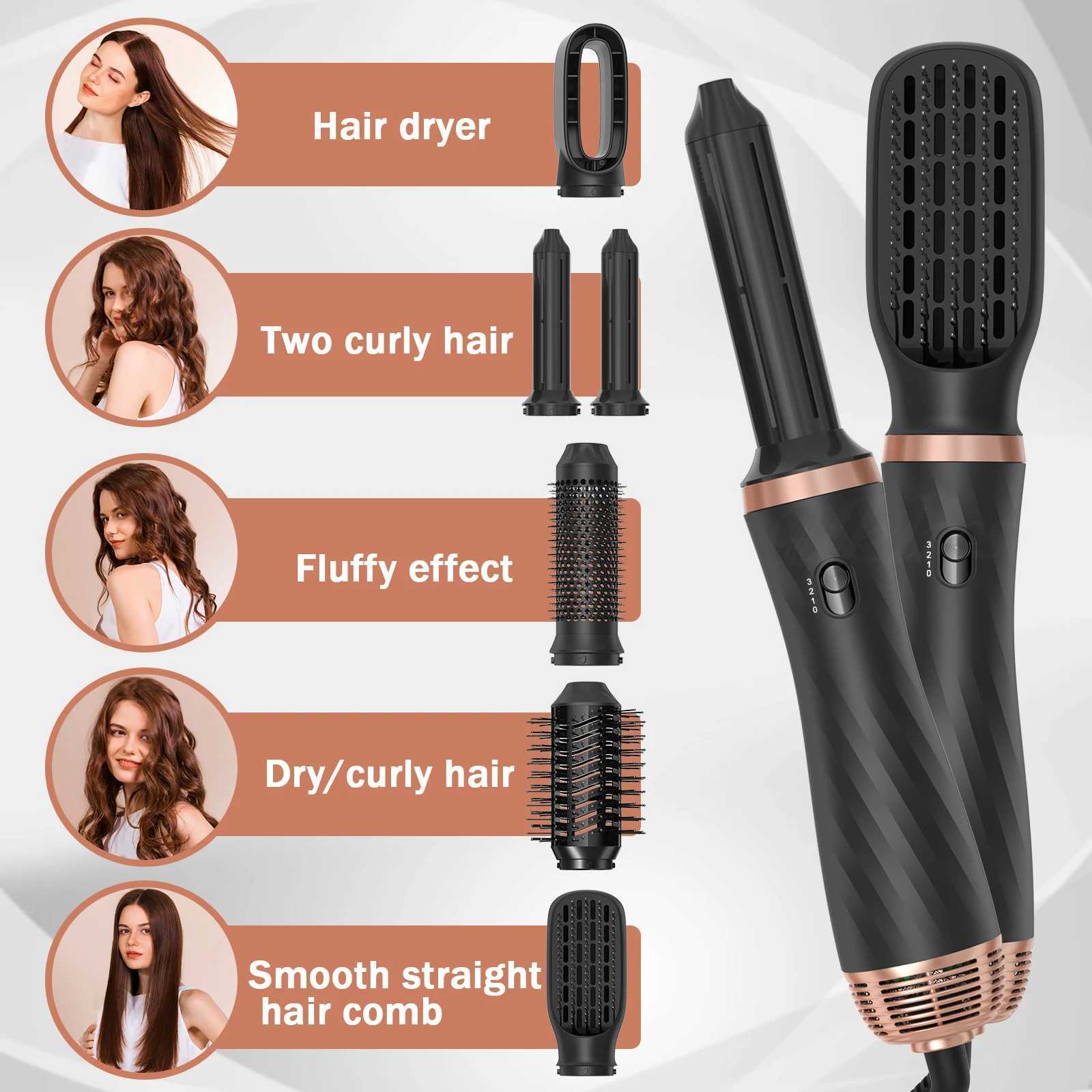 6 In 1 Hair Dryer Hot Comb Set Professional Curling Iron Hair Straightener Styling Tool Curler And Straightening Heating BrushXJ241017