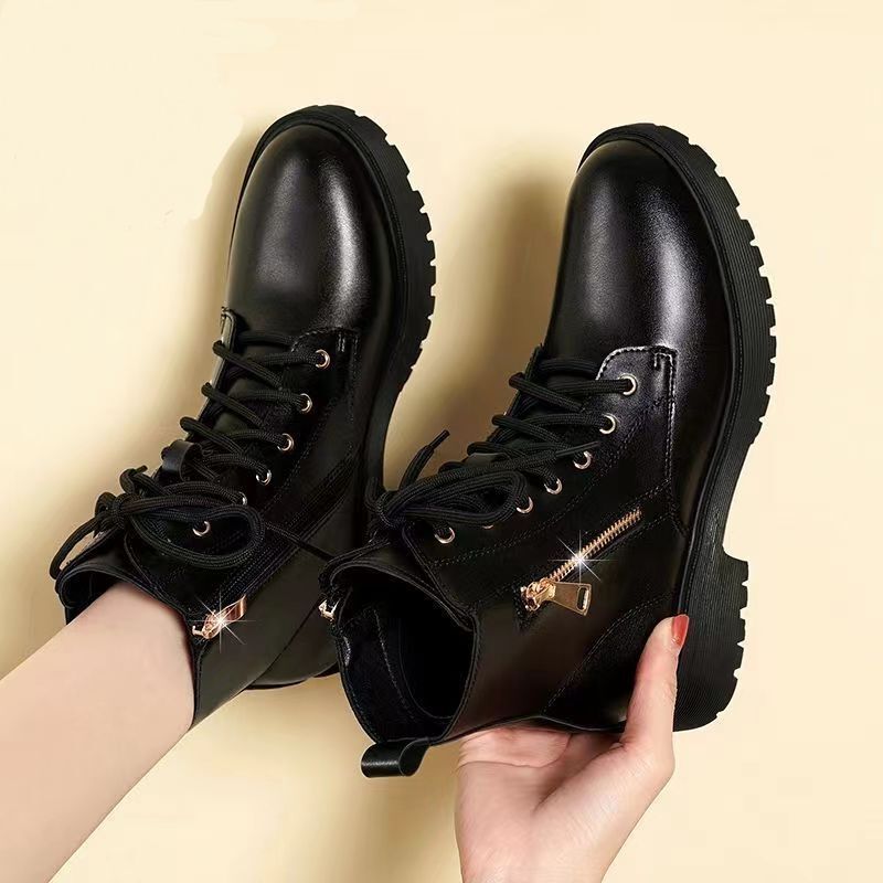Thick Leather Martin Boots for Women, Thick Bottom 2024 Autumn/Winter New Flat Bottom Plush Women's Short Boots