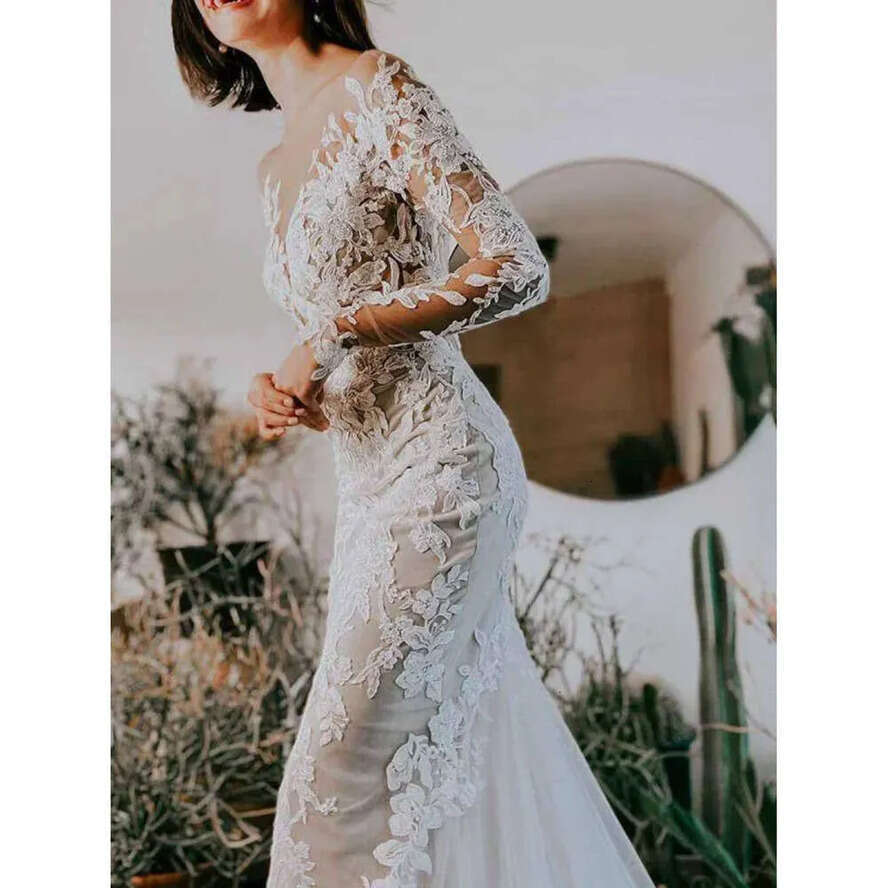 Boho Wedding Mermaid Long Sleeves Dresses Elegant Sheer Scoop Neck Lace Applique Sweep Train Beach Garden Plus Size Vestido Backless Bridal Gown De Bc