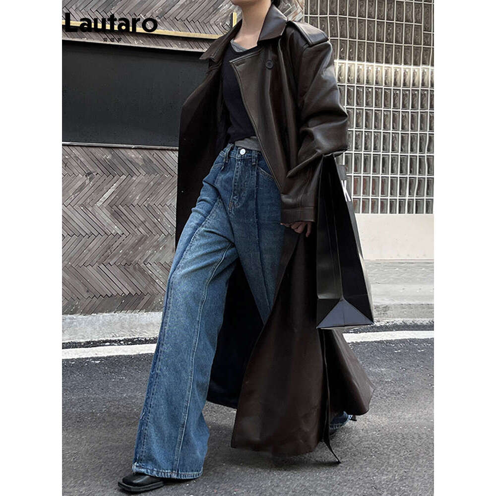 Lautaro Spring Autumn Long Cool Oversized Brown Black Pu Leather Trench Coat For Women European And American Runway Fashion 2023