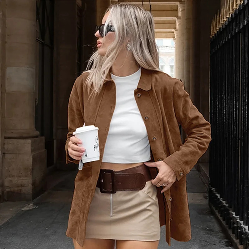 MSCSZ Brown Suede Jacket Women Long Sleeve Button Up Shirt Jacket Vintage Windbreaker Jacket Autumn Winter Coat Woman 2024 241017