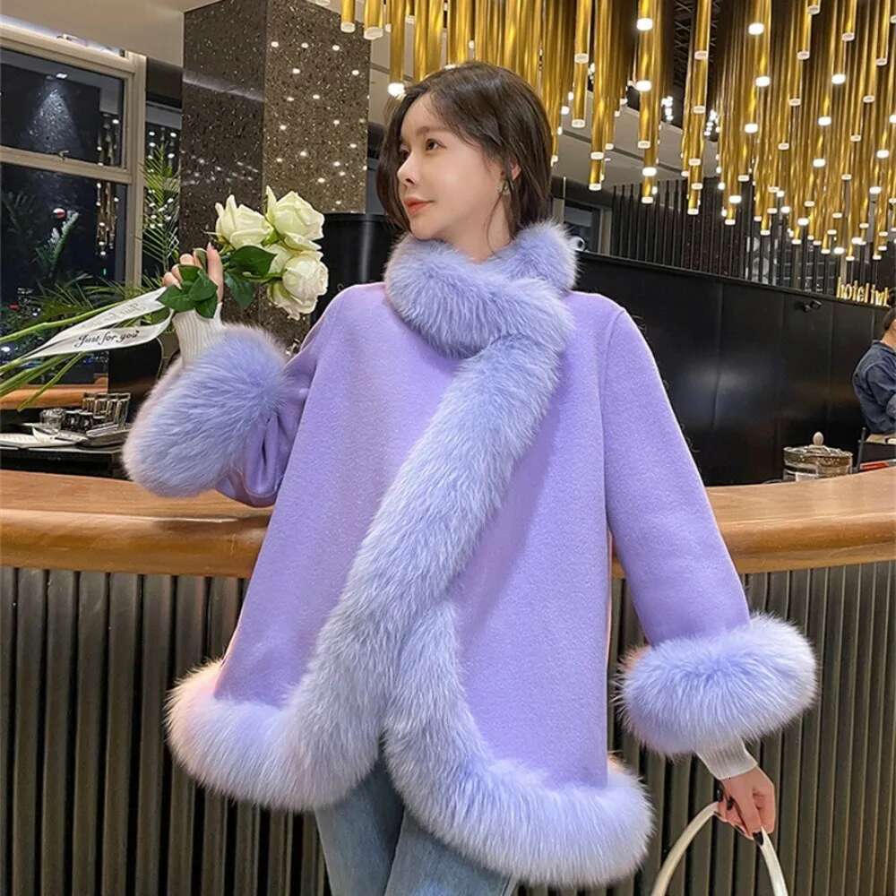 2024 New Women Autumn Long Sleeve Double Side White Woolen Cape Cloak Coat Real Fox Fur Collar And Cuff Casual Outerwear