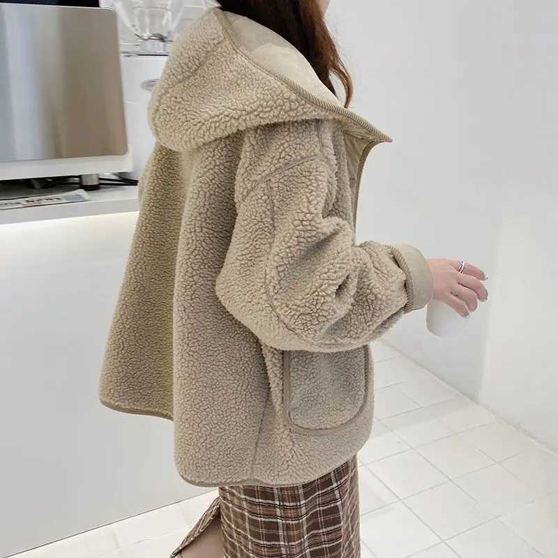 Ladies Cute Ins Hooded Button Up Jacket Womens Spring Autumn Winter Chic Loose Warm Lamb Coat Outerwear Female Cheap WholesaleX241018