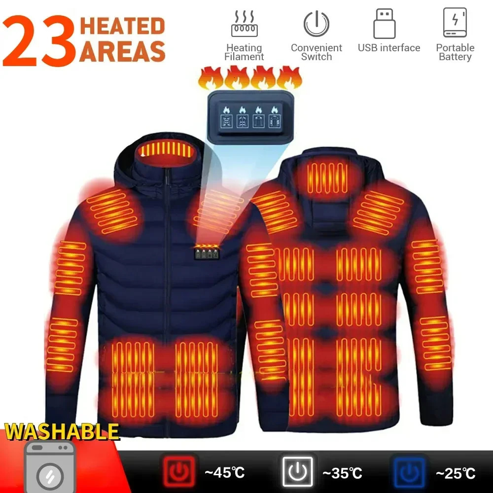 23 Areas Men Heating Jacket Usb Hooded Down Cotton Parka Women Warm Vest Hiking Camping Winter Outdoor Heated Clothing Ski Suit 241018