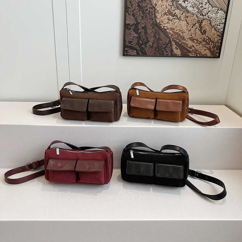 CMM Autumn and Winter New Niche High End Texture Double Pocket Suede Underarm Bag Contrasting Splicing Versatile Single Shoulder Crossbody Bag