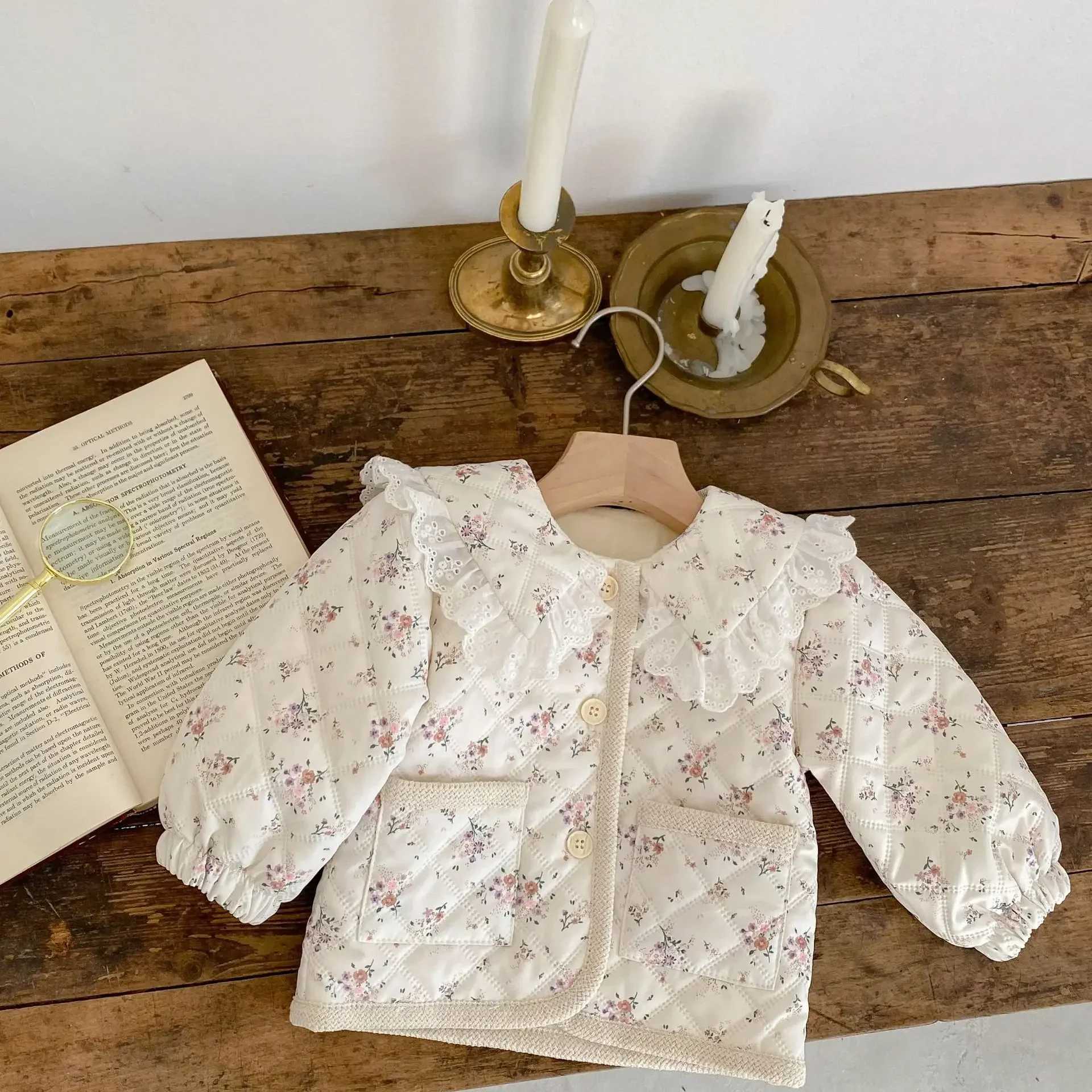 Winter New Baby Long Sleeve Wool Warm Coat Womens Flower Lace Collar Cardigan Cotton Pad Jacket Casual Clothing M241018