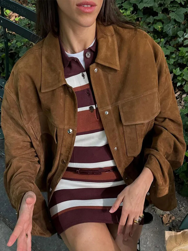 Women Chic Brown Casual Suede Jackets Lapel Long Sleeve Single Breasted Pockets Coats Solid Autumn Office Female Commuting Top 241017
