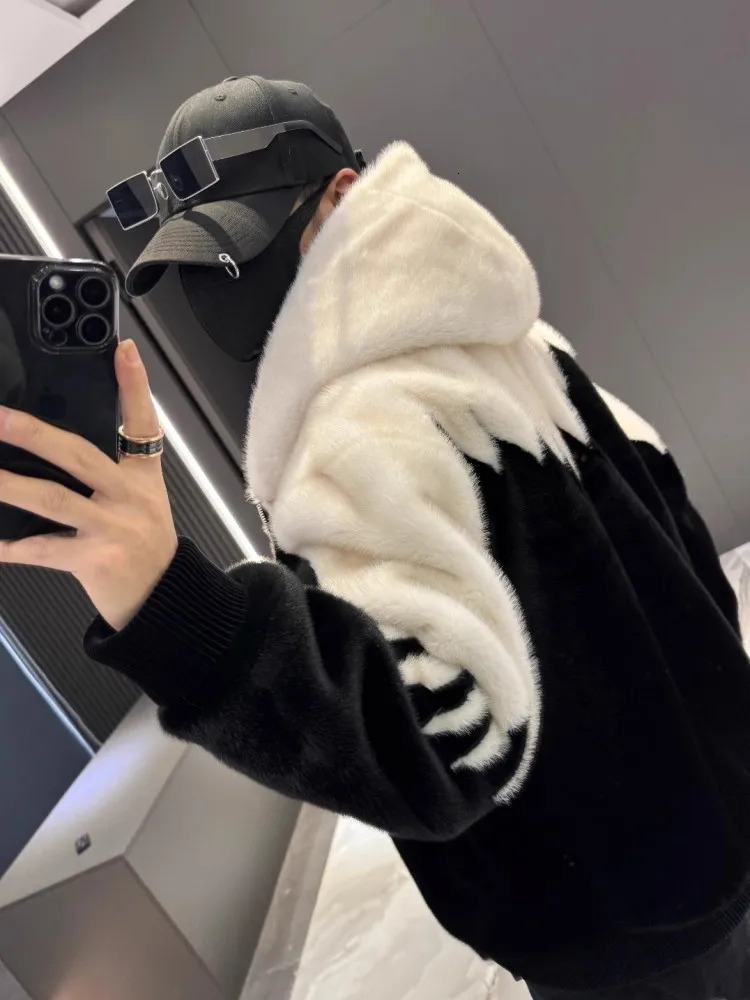 Winter Artificial Mink Fur Mens Hooded Jacket Fashion Zipper Mixed Colors Hip Hop Casual Outewear Personality High Street Coat 241018