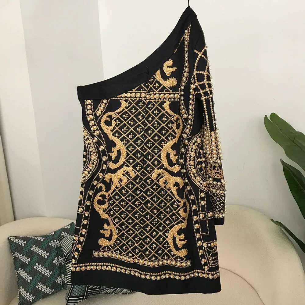 Spring Dresses Blazer Women Diagonal Collar One Shoulder Sleeve High Waist Printing Mini Dress Female Spliced Pearl A E