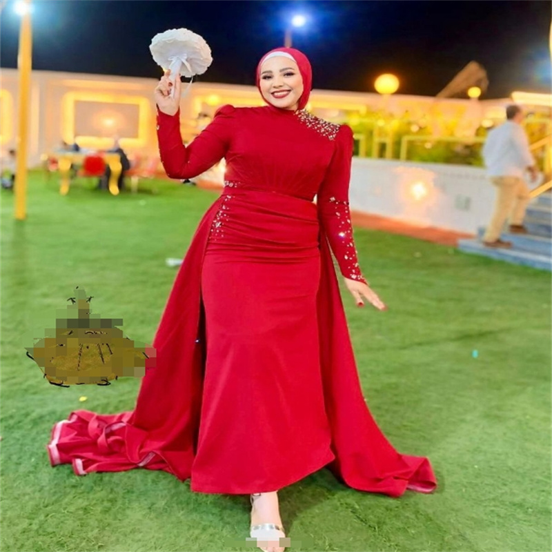 Gorgeous Red Saudi Arabic Evening Dresses With Overskirt Train Plus Size Long Sleeve Abaya Moroccan Muslim Prom Dress Formal Reception Engagement Birt