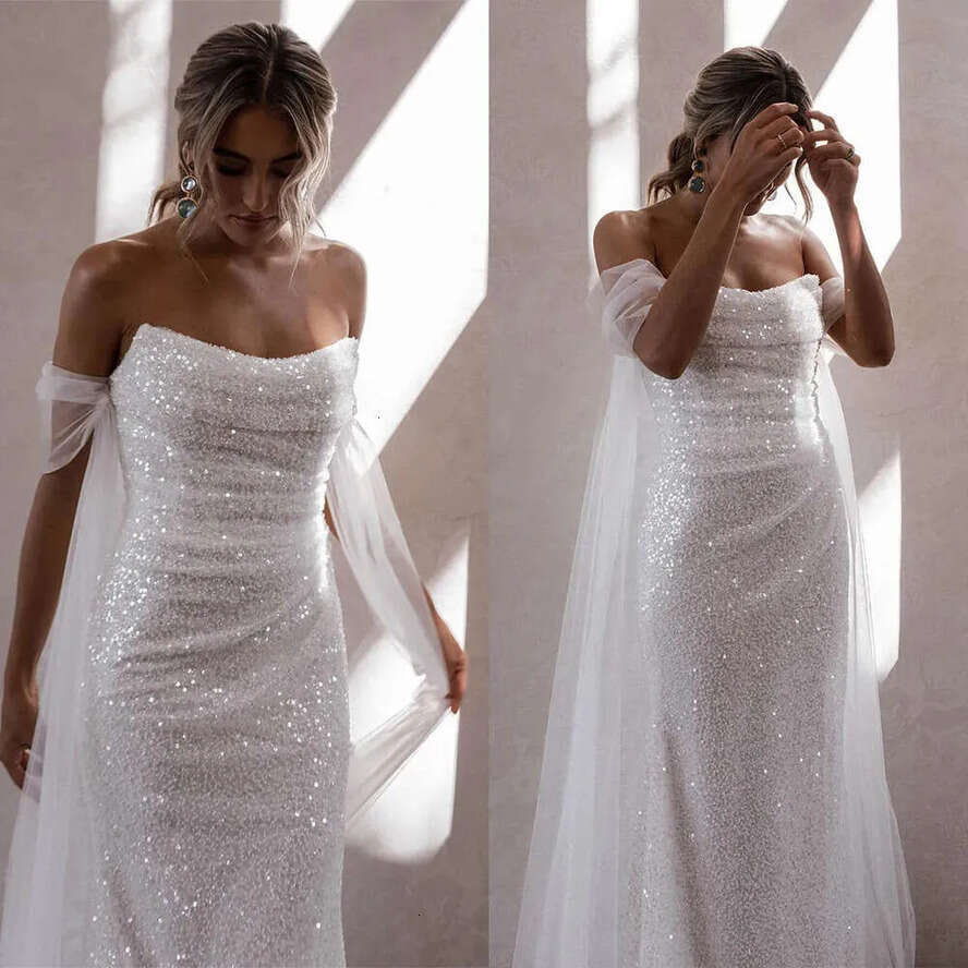 Draped Wedding Strapless Mermaid Dresses Shining Elegant Sequined Sleeveless Slim Or Length Custom Made Plus Size Vestidos De Novia
