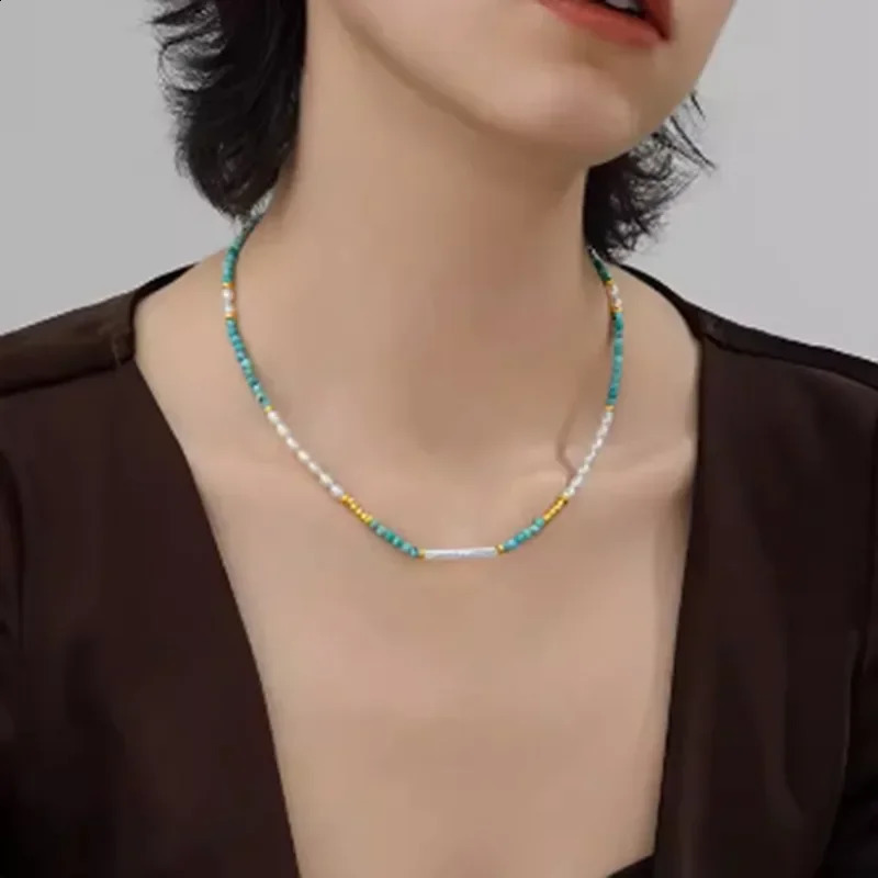 Minar handmade turquoise natural stone freshwater pearl bead necklace suitable for women 14K pure gold copper plated necklace 241018