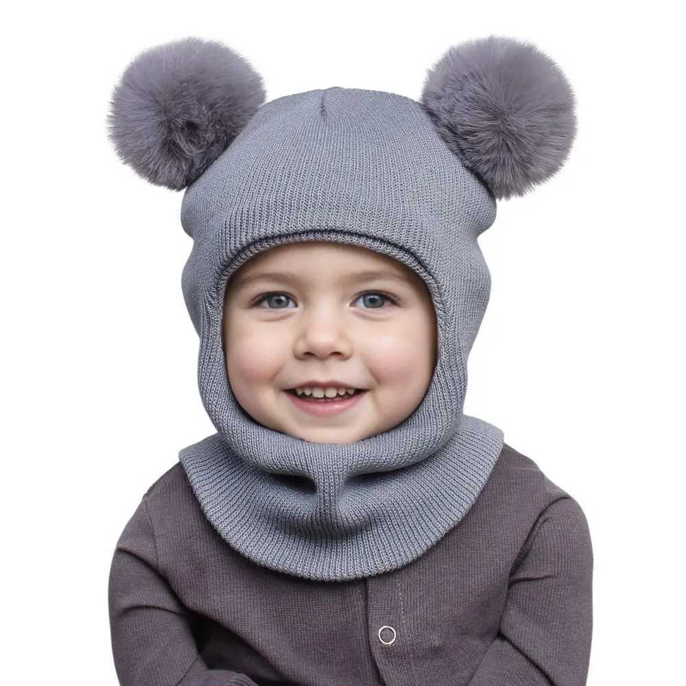 New Cute Balaclava Hats Children Double Balls One-piece Hat Scarf Boys Girls Autumn Winter Pompom Ball Wool Cap LX241018