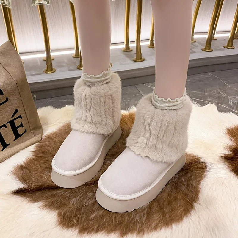 Mid Length Boots for Women's Winter 2024 New Western-style Thick Soles with Plush Insulation Fashion Women's Cotton Boots