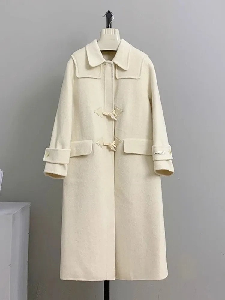 Autumn Winter Women Vintage Horn Button Double Faced Wool Coat Long Blends Fashion Loose Fit Thick Windbreaker Trench 241018