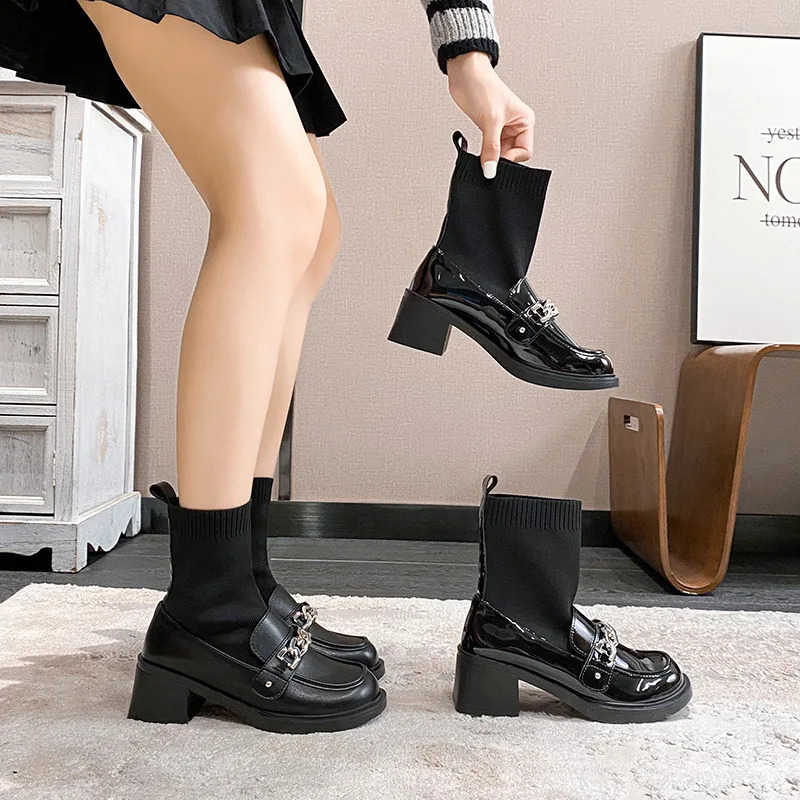 Women Chunky High Heels Boots Winter ShinyMatte Leather Sock Botas Mujer Stretch Slip On Femme Chain Chelsea Ankle Botines 241010