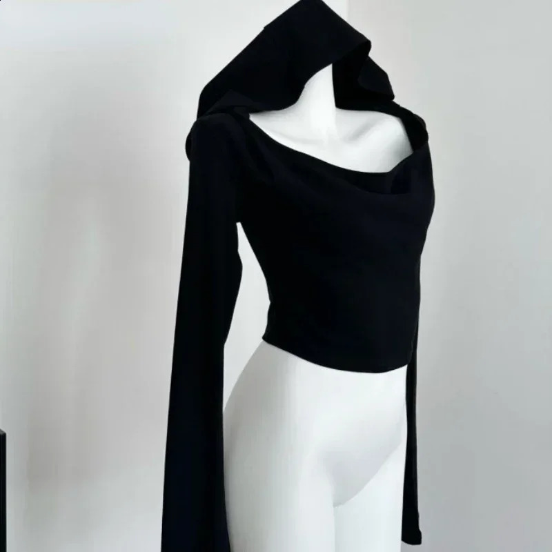 Gothic Black Tshirts for Women Y2k Crop Tops Shirts 2024 Summer Hooded Long Sleeve Tees Korean Fashion Casual Sexy T Shirt 241010