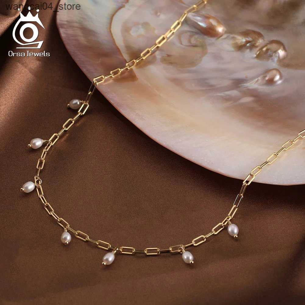 Chokers ORSA JEWELS 14K gold paper clip chain necklace with natural pearls suitable for women S925 silver pearl necklace party jewelry GPN51 L240910