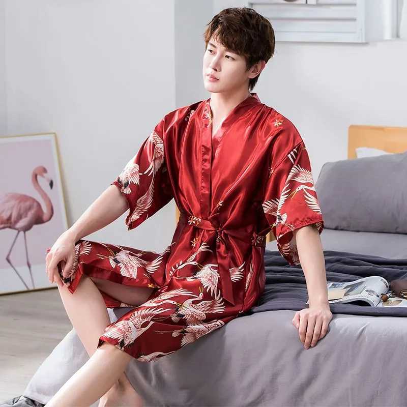 Men Satin Kimono Robe Set Nightwear Half Sleeve Print Crane Sleepwear Home Dressing Gown Loungewear Nightgown BathrobeXJ241018