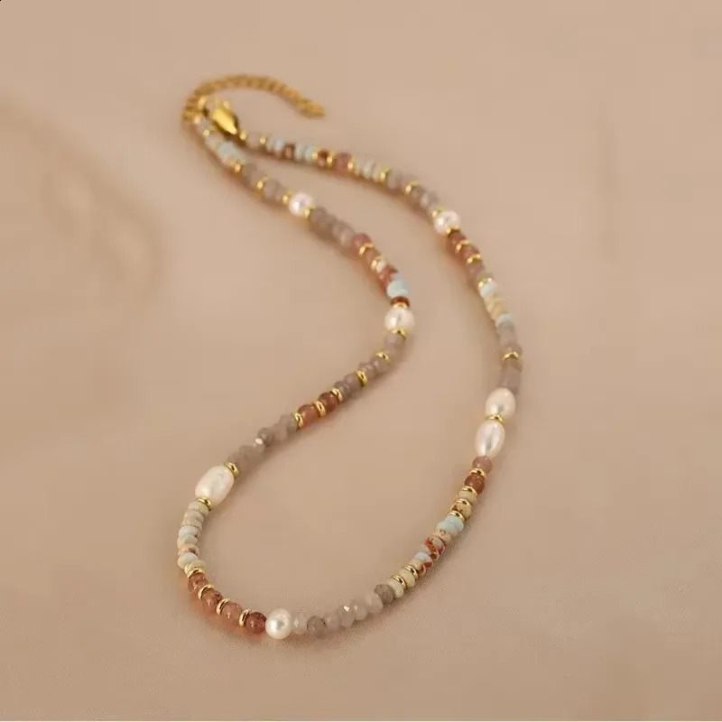 Minar Boho multi-color natural stone crystal freshwater pearl bead necklace suitable for women 14K pure gold copper plated necklace 241018