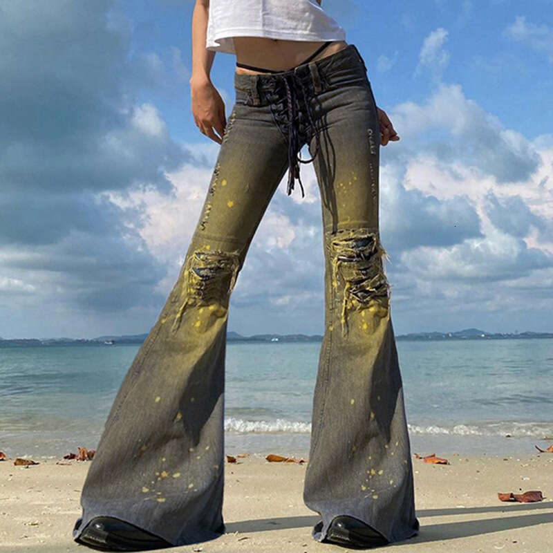 Vintage Ripped Flare Women Sexy Low Waisted Lace-Up Washed Jean Pants Y2k Denim Trouser Old Worn Out Trend Slim