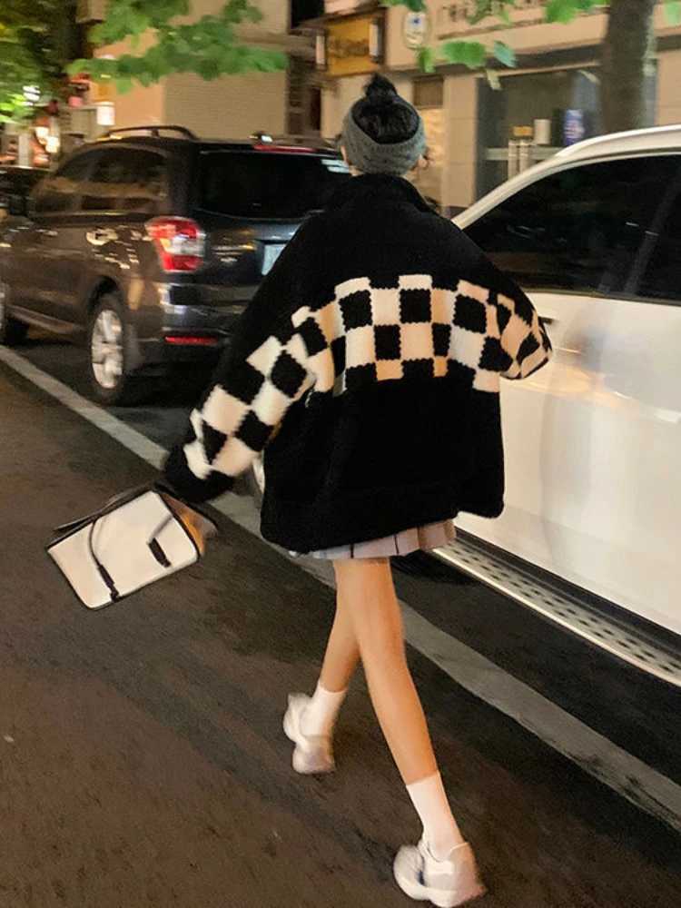 Deeptown High Street Zip Up Plaid Quilted Coat Women Harajuku Lamb Wool Jacket Retro Patchwork Loose Winter Outwear Preppy StyleX241018