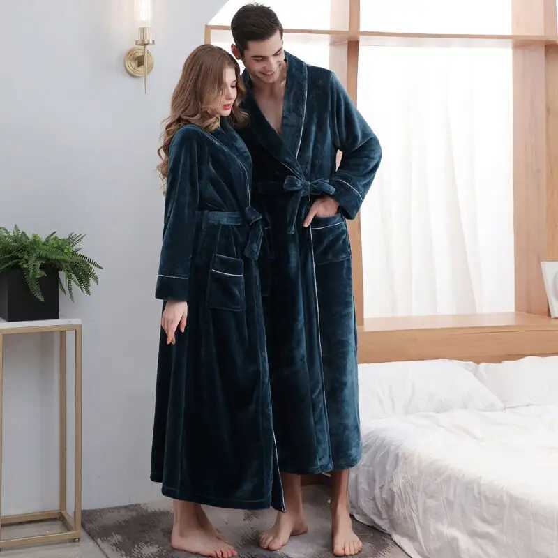 Men Luxury Winter Super Long Thick Warm Pocket Flannel Bathrobe Plus Size Fleece Kimono Bath Robe Couple Night Dressing GownXJ241018