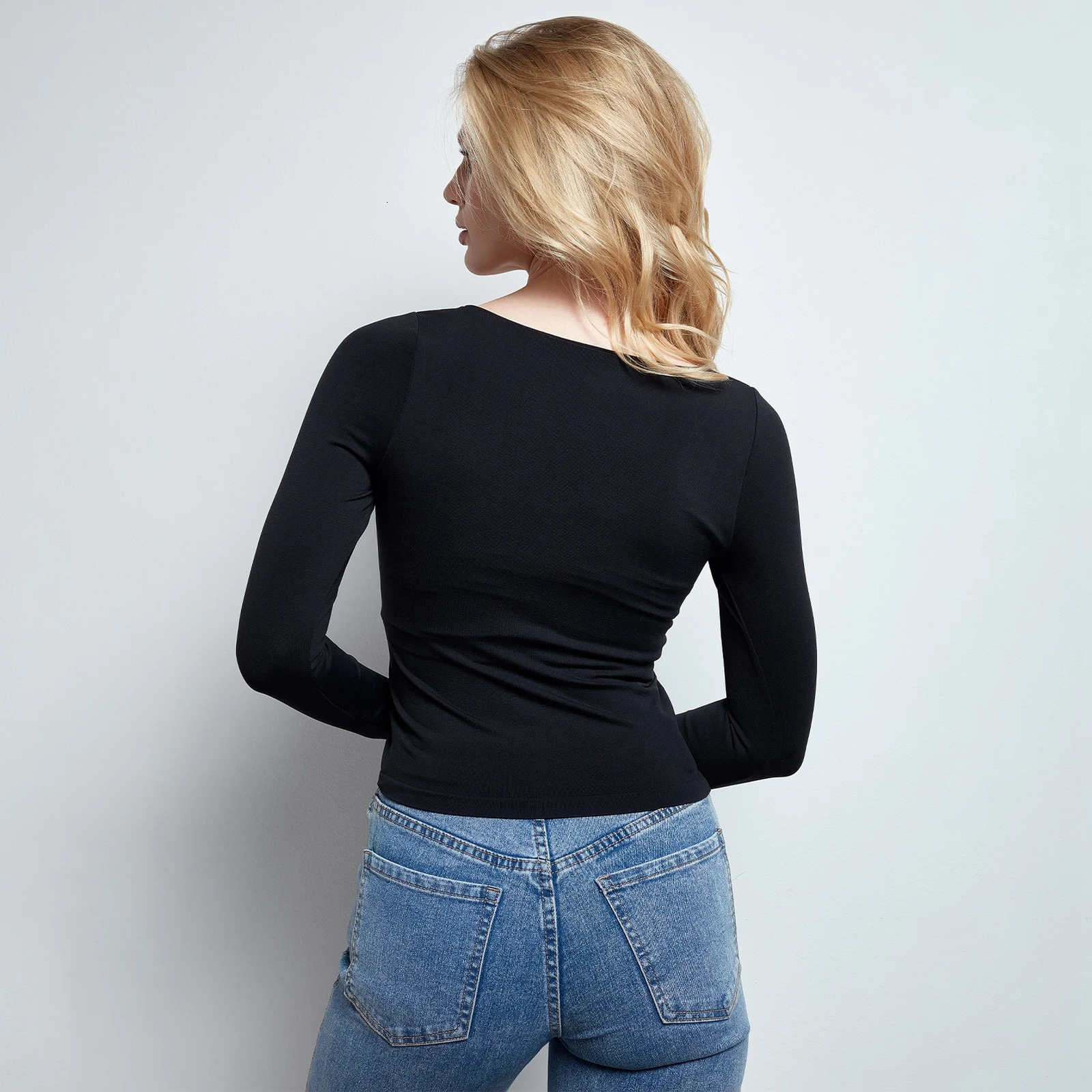 Women Black Crop Top Long Sleeve Square Neck Slim Fitted Y2K Casual Workout Basic TShirt Tops 241018